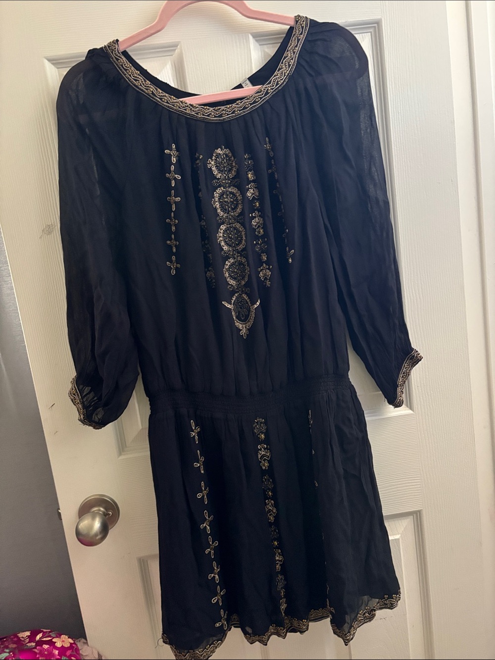 Joie Black Long-Sleeve Embroidered Boho Dress